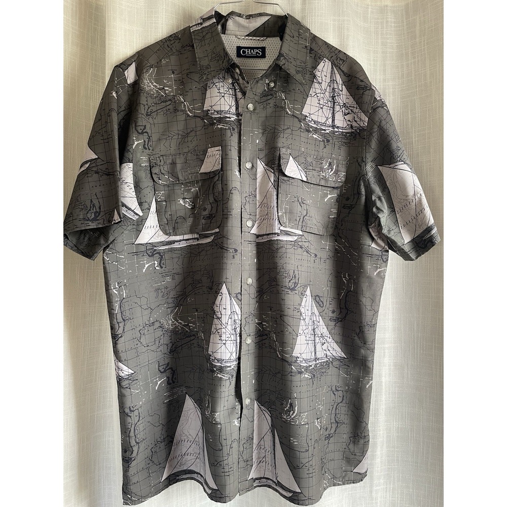 Chaps Fishing Shirt Sailboats Maps Olive Green Expedition Men's Size Large